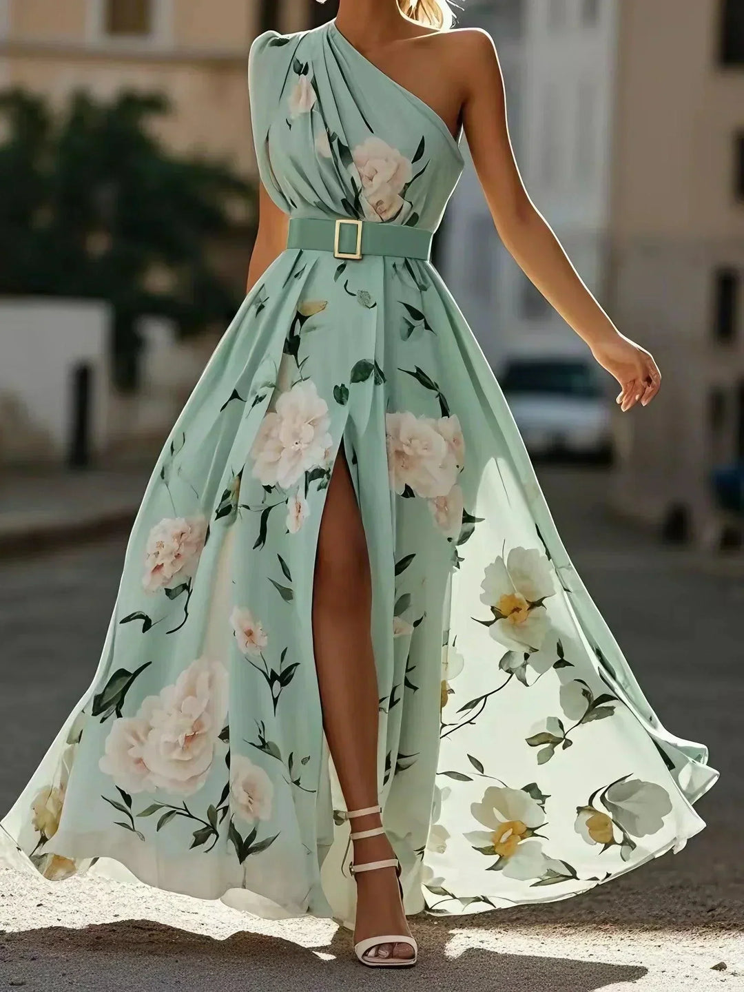 Olivia | Maxi dress chiffon with floral pattern with free shoulders light green