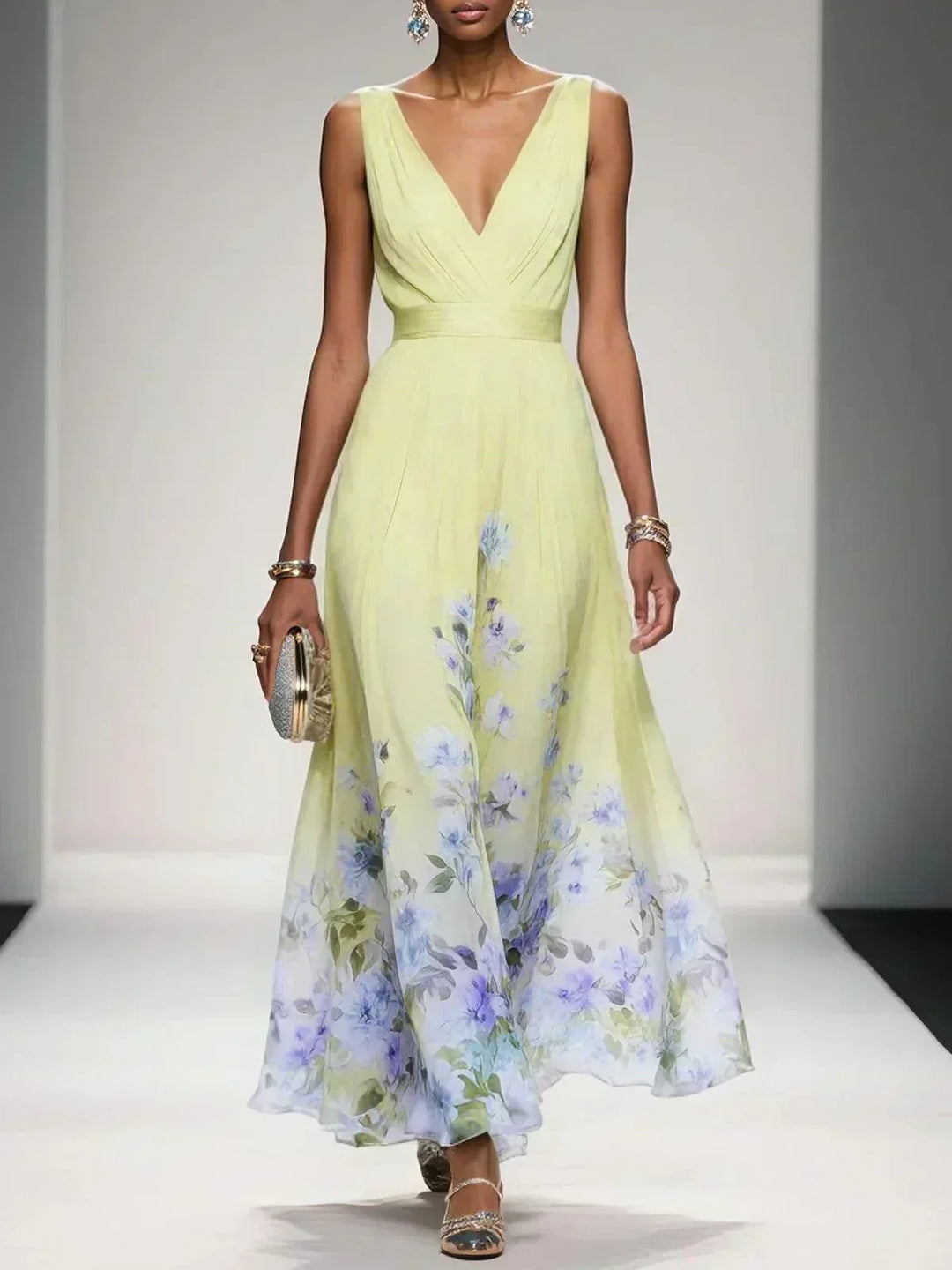Zoe | Maxi dress made of chiffon with flowers light blue and V-neck