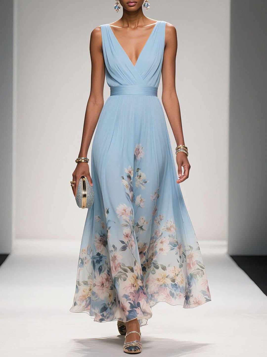 Zoe | Maxi dress made of chiffon with flowers light blue and V-neck
