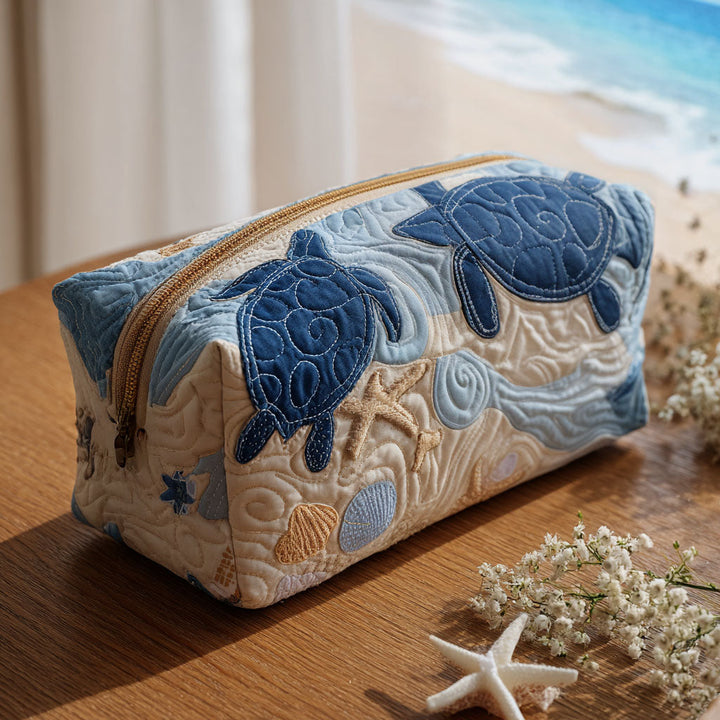 Quilted Cosmetic Bag with Blue Shells