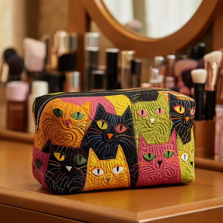 Quilted Cosmetic Bag with Cat in the Garden