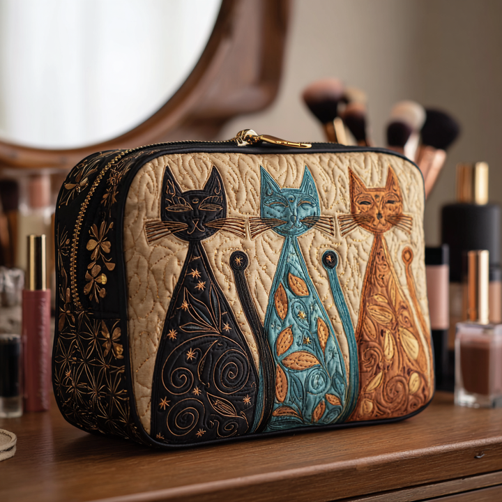 Quilted Cosmetic Bag with Harmonious Cat
