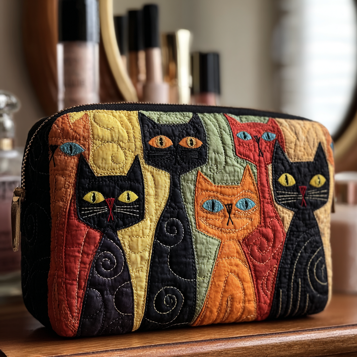 Quilted Cosmetic Bag with Decorative Cat