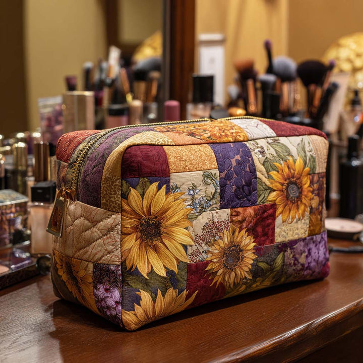 Quilted Cosmetic Bag with Golden Flower