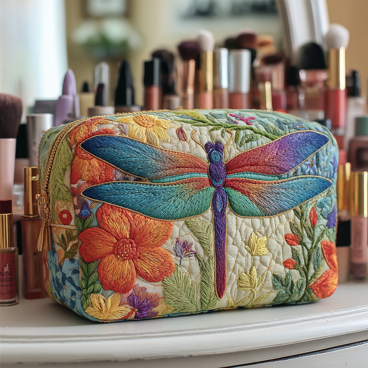 Quilted Cosmetic Bag with Gold Dragonfly