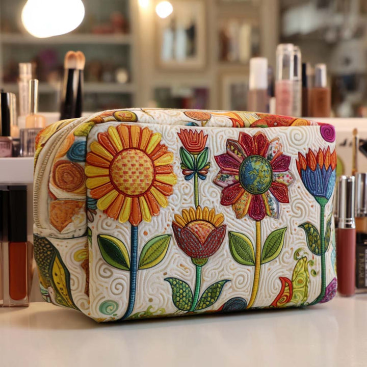 Quilted Cosmetic Bag with Cheerful Flower