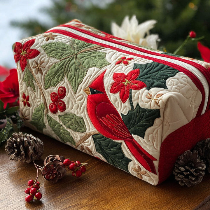 Quilted Cosmetic Bag with Cardinal and Holly