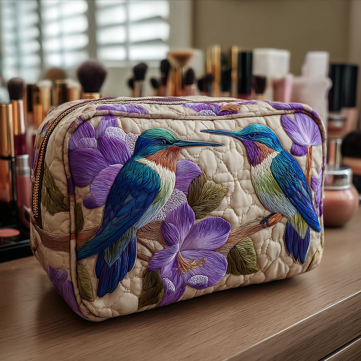 Quilted Cosmetic Bag with Delicate Hummingbird