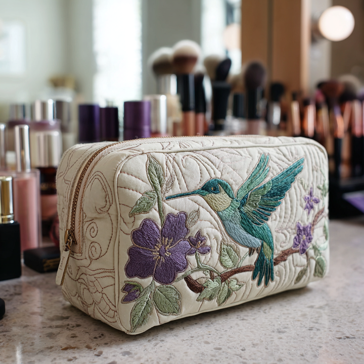 Quilted Cosmetic Bag with Hummingbirds and Flowers