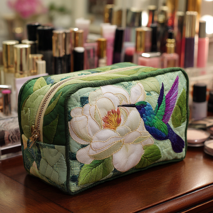 Quilted Cosmetic Bag with Hummingbirds
