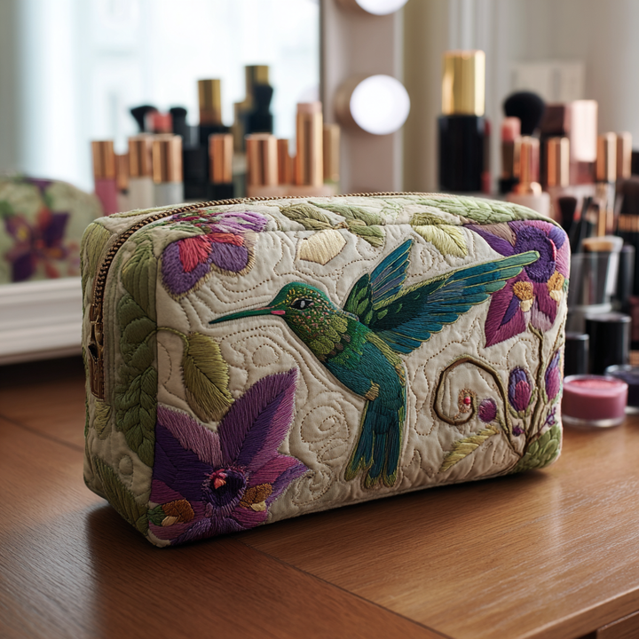 Quilted Cosmetic Bag with Hummingbird Garden
