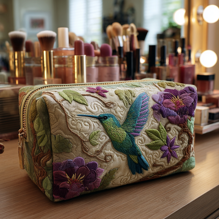 Quilted Cosmetic Bag with Bright Hummingbird