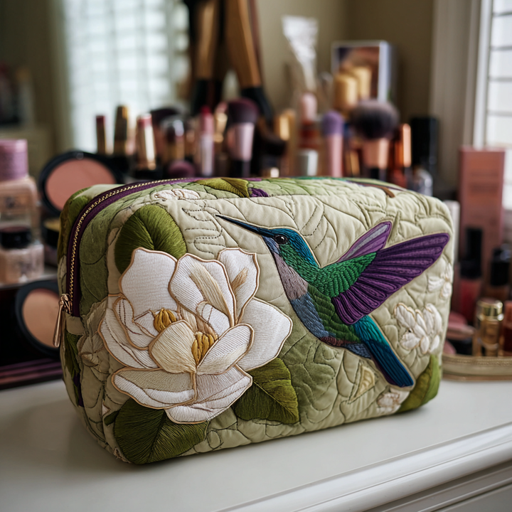 Quilted Cosmetic Bag with Hummingbirds in the Meadow