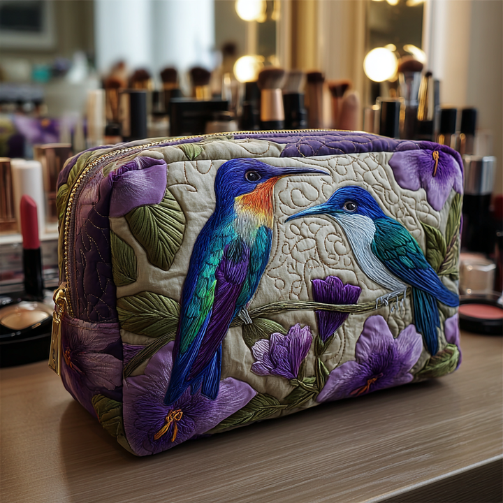 Quilted Cosmetic Bag with Delicate Hummingbird