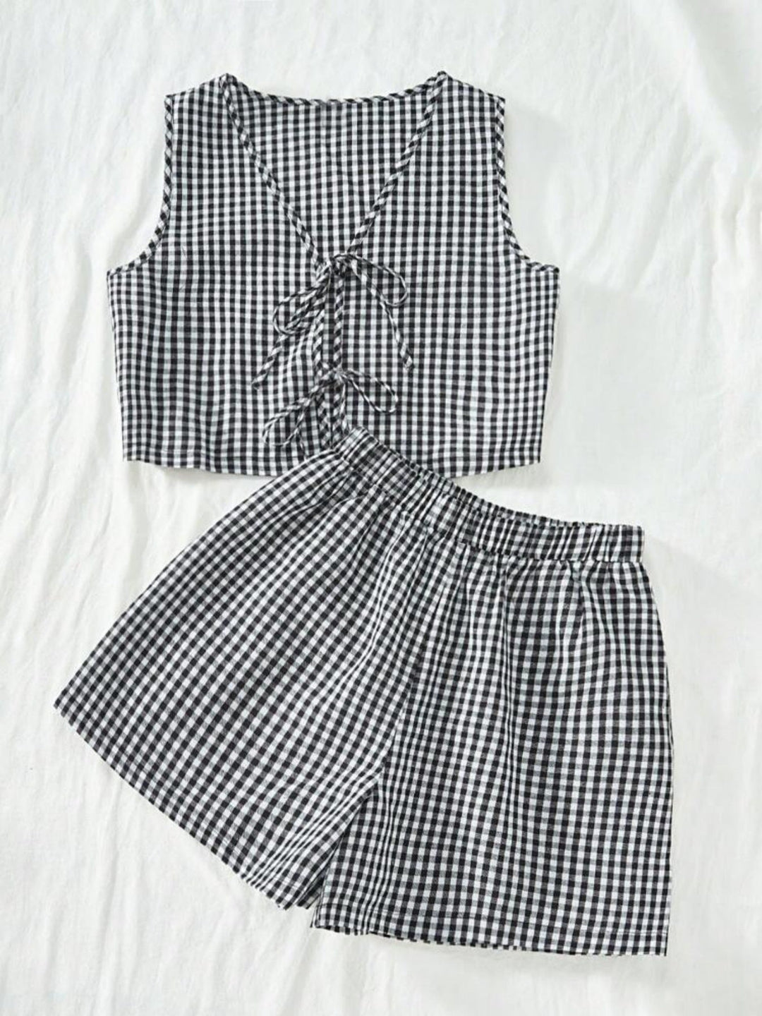 India | 2-Piece Plaid Striped Vest &amp; High-Waisted Loose Shorts