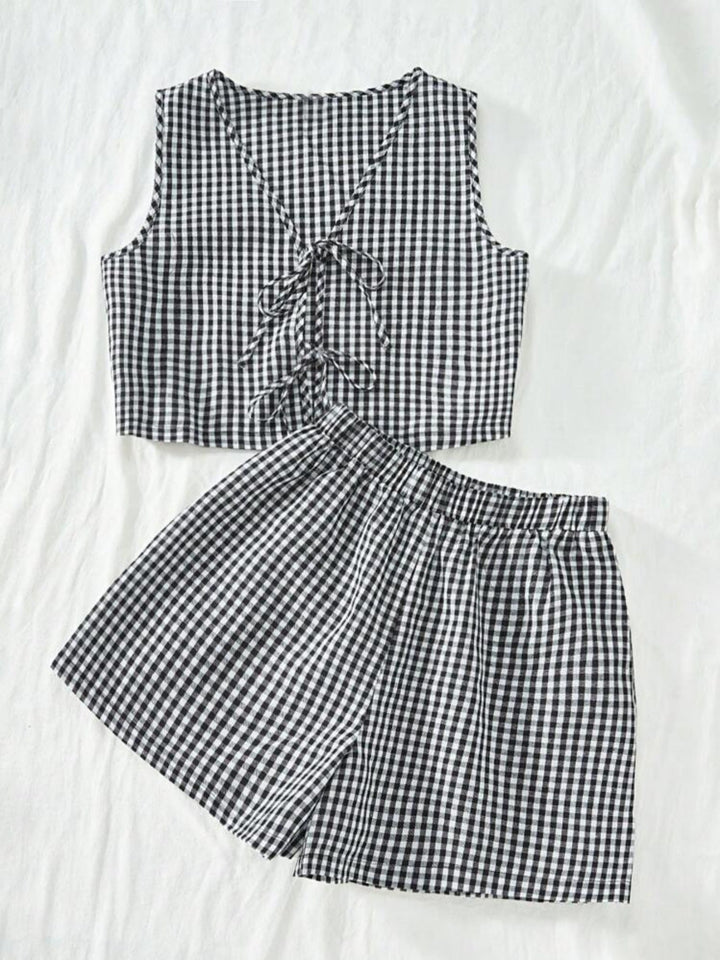 India | 2-Piece Plaid Striped Vest &amp; High-Waisted Loose Shorts