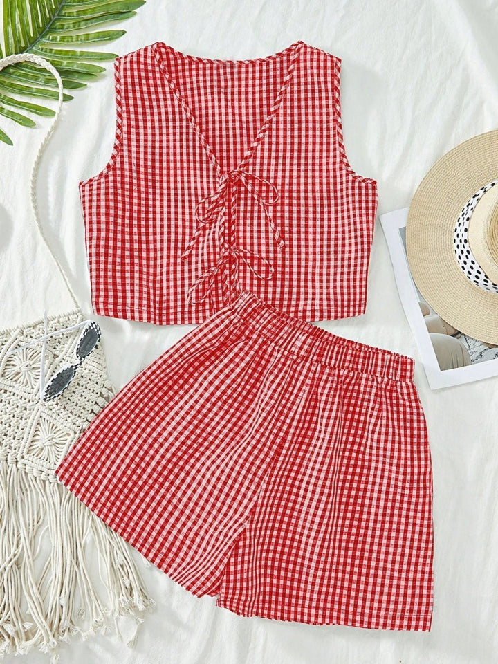 India | 2-Piece Plaid Striped Vest &amp; High-Waisted Loose Shorts