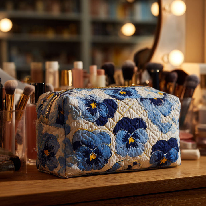 Quilted Cosmetic Bag with Pansies