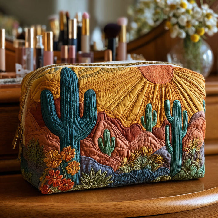 Quilted Cosmetic Bag with Delicate Cactus