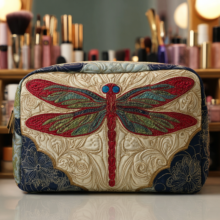 Quilted Cosmetic Bag with Delicate Dragonfly