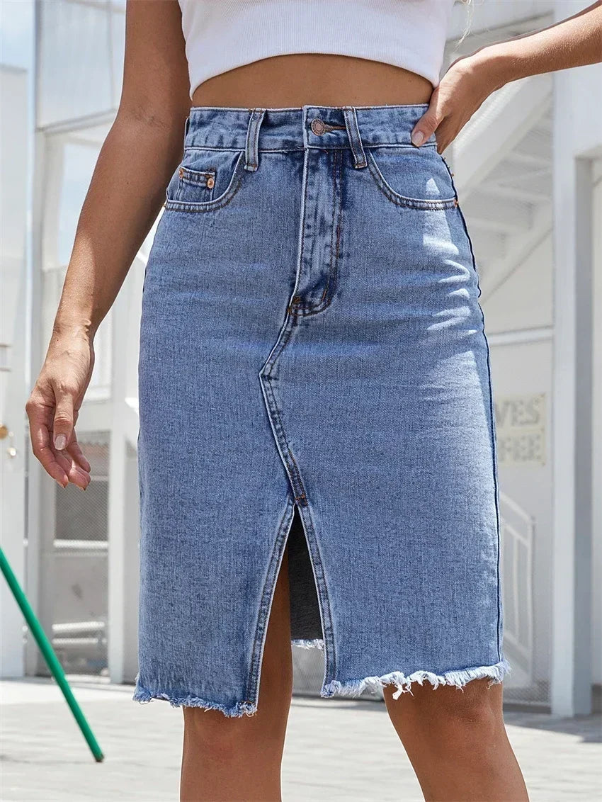 Leah | Casual Slit Midi Denim Skirt
