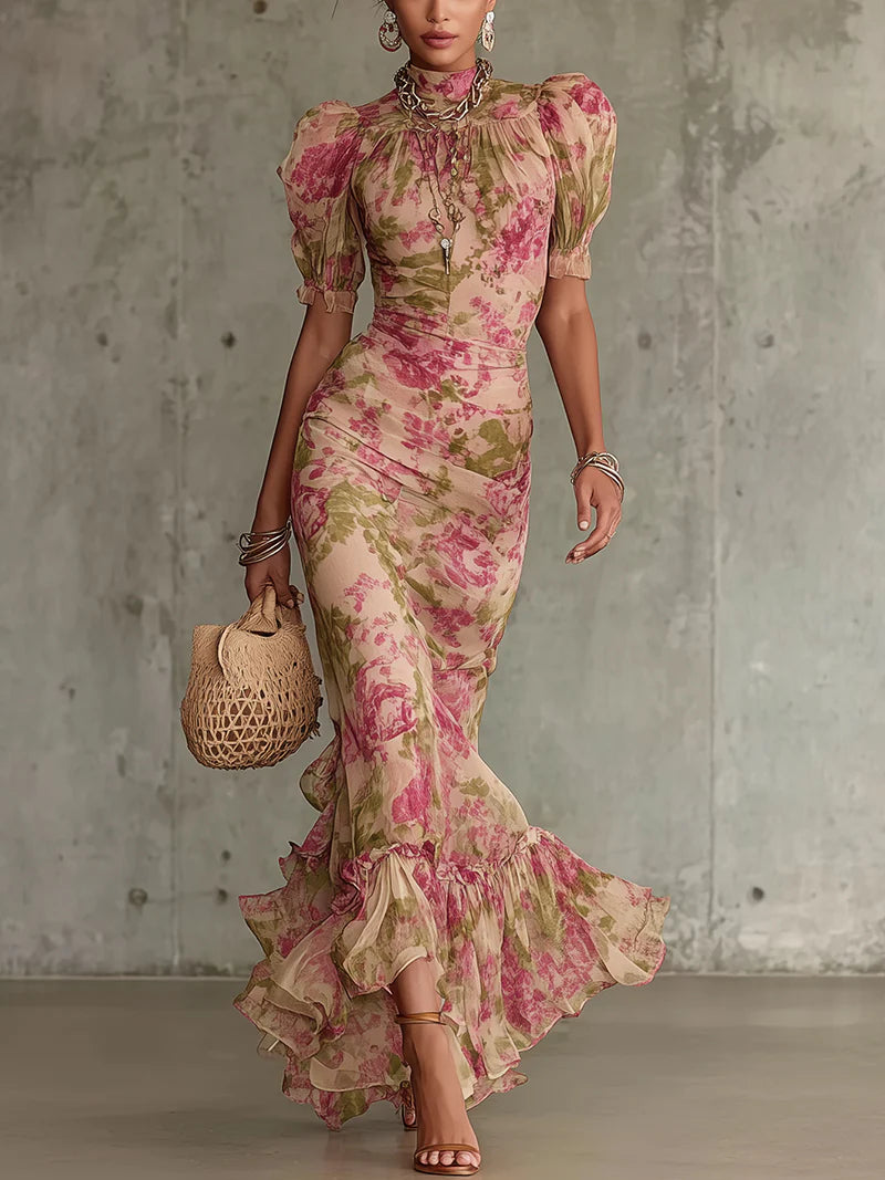 Amelia | Maxi dress with Stampa pink vintage and puff sleeves